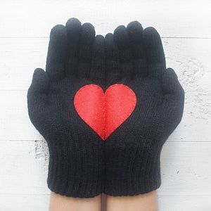 Artist Handmade Black GLOVES w/Red HEART